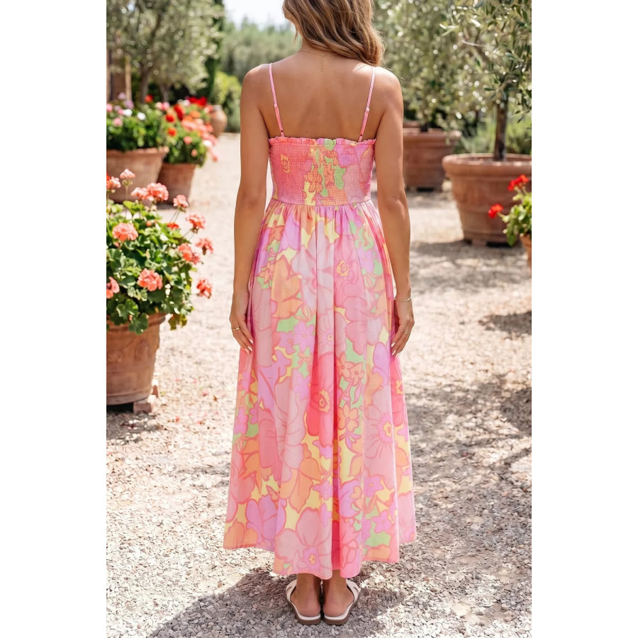 Spaghetti Straps Floral Shirred High Waist Dress Apparel and Accessories