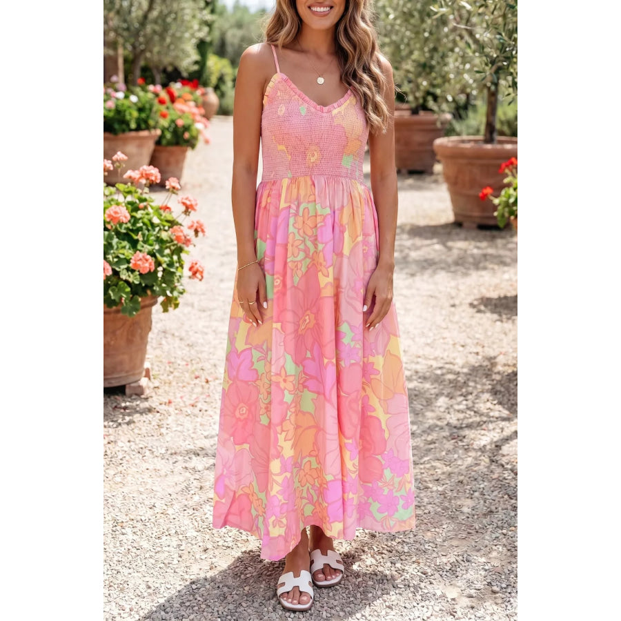 Spaghetti Straps Floral Shirred High Waist Dress Dusty Pink / S Apparel and Accessories