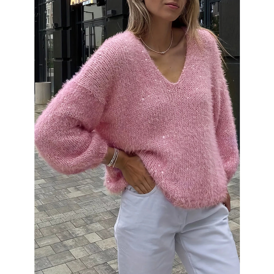 Sparkling Fuzzy V-Neck Knit Top Apparel and Accessories