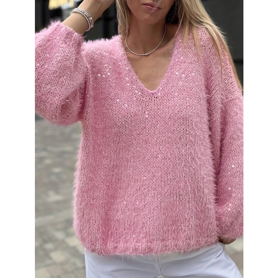 Sparkling Fuzzy V-Neck Knit Top Apparel and Accessories