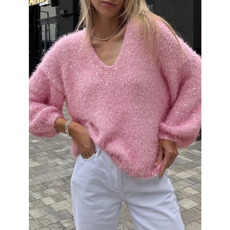 Sparkling Fuzzy V-Neck Knit Top Pink / S Apparel and Accessories