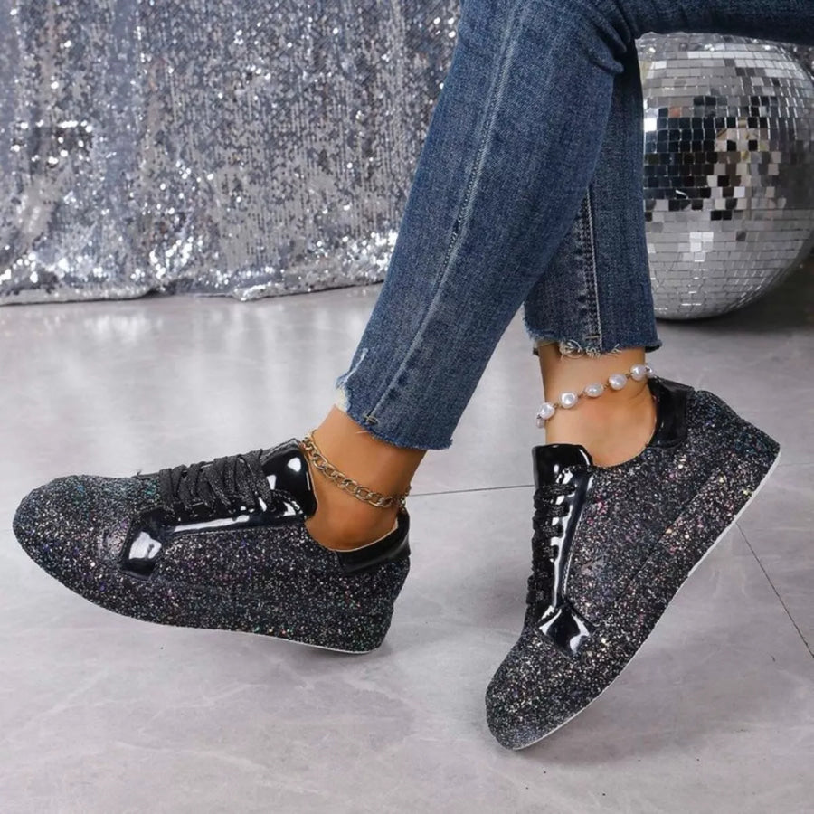 Sparkling Lace Up Sneakers Black / 35 Apparel and Accessories