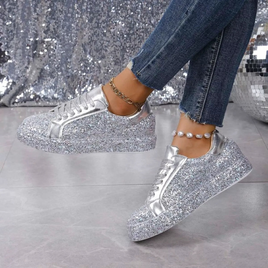 Sparkling Lace Up Sneakers Silver / 35 Apparel and Accessories