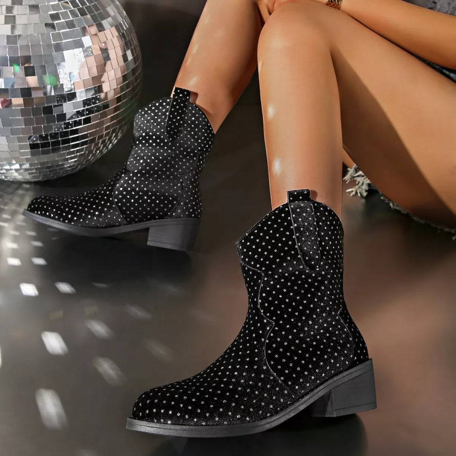 Sparkling Point Toe Block Heels Boots Apparel and Accessories