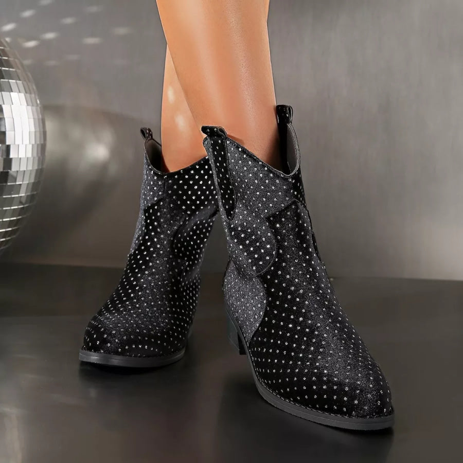 Sparkling Point Toe Block Heels Boots Black / 35 Apparel and Accessories