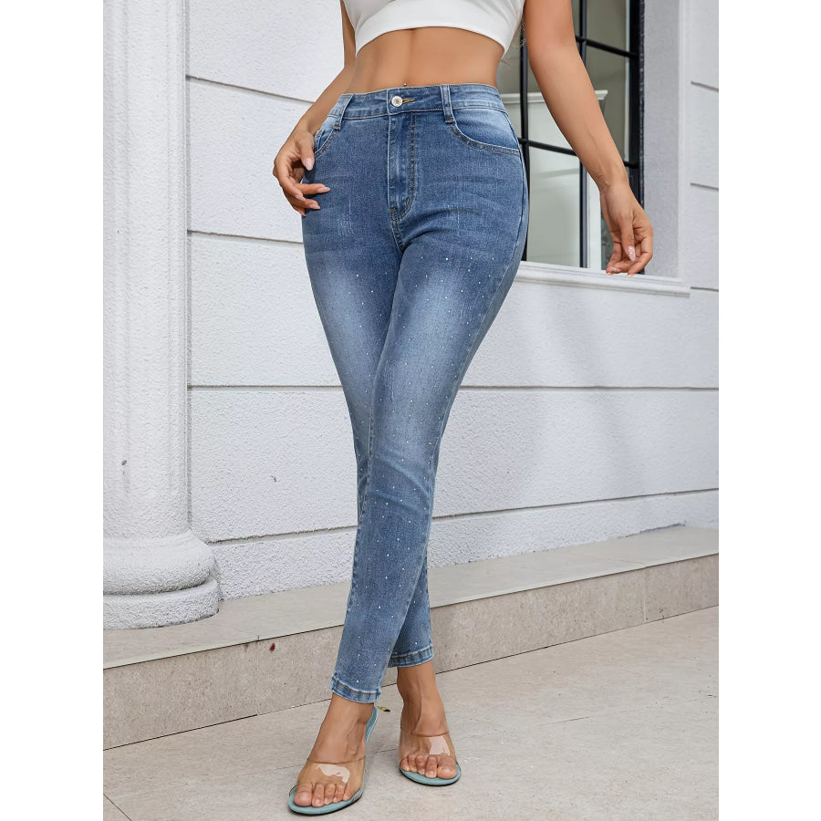 Sparkling Rhinestone High Waist Skinny Jeans Blue / S Apparel and Accessories
