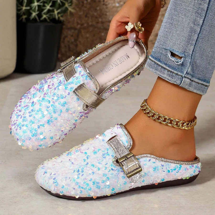 Sparkling Sequin Buckle Slip-On Loafers Apparel and Accessories