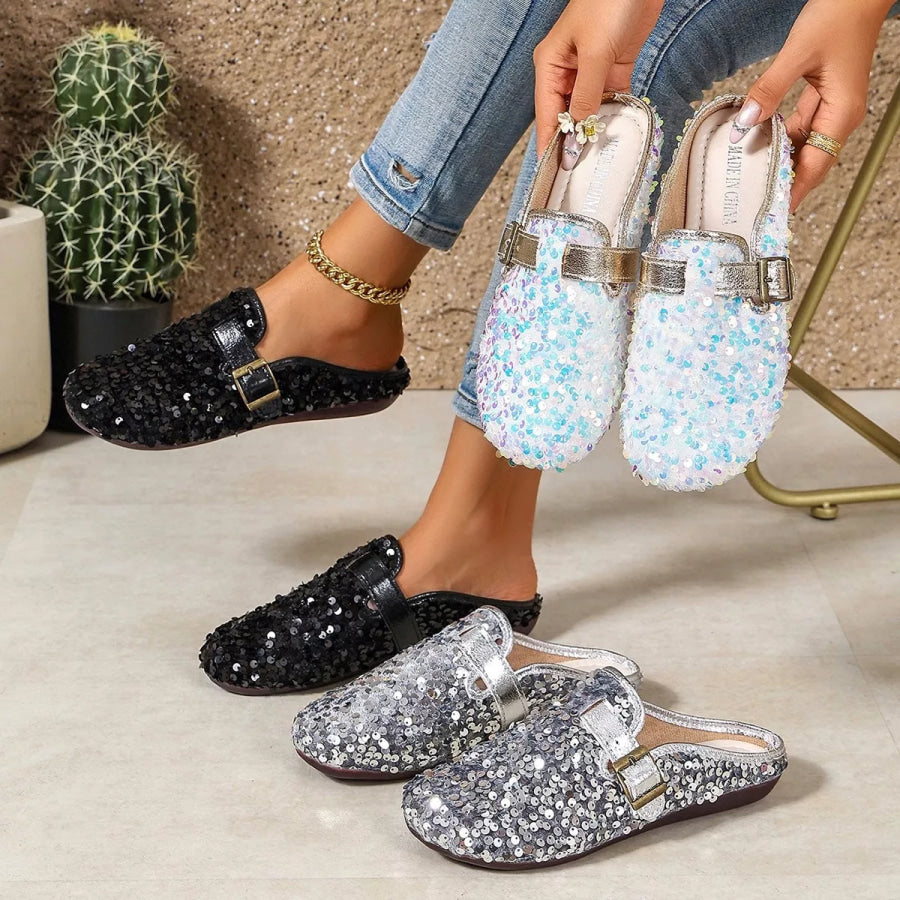 Sparkling Sequin Buckle Slip-On Loafers Apparel and Accessories