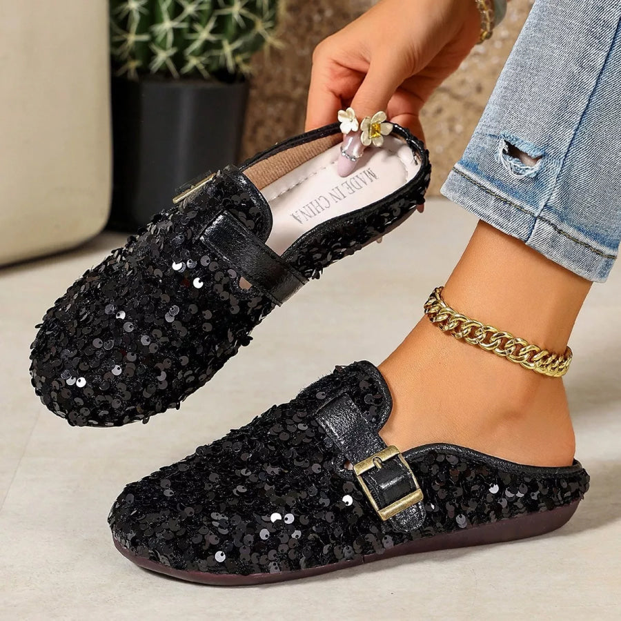 Sparkling Sequin Buckle Slip-On Loafers Apparel and Accessories