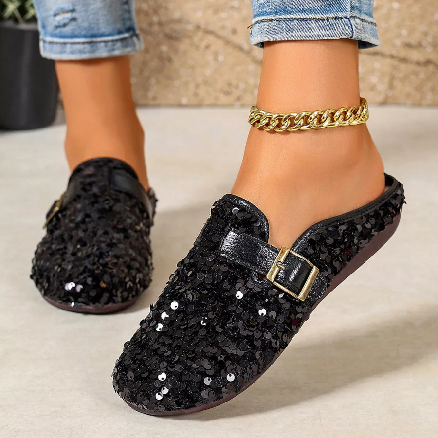 Sparkling Sequin Buckle Slip-On Loafers Black / 35 Apparel and Accessories