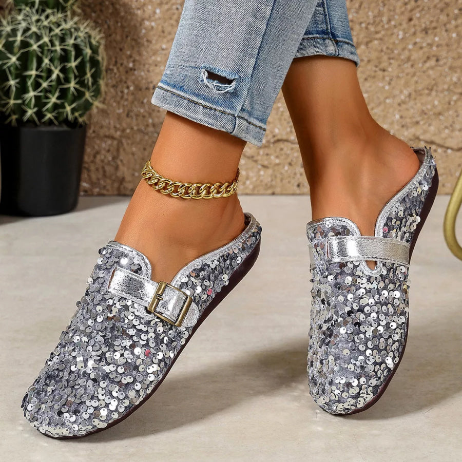 Sparkling Sequin Buckle Slip-On Loafers Gray / 35 Apparel and Accessories