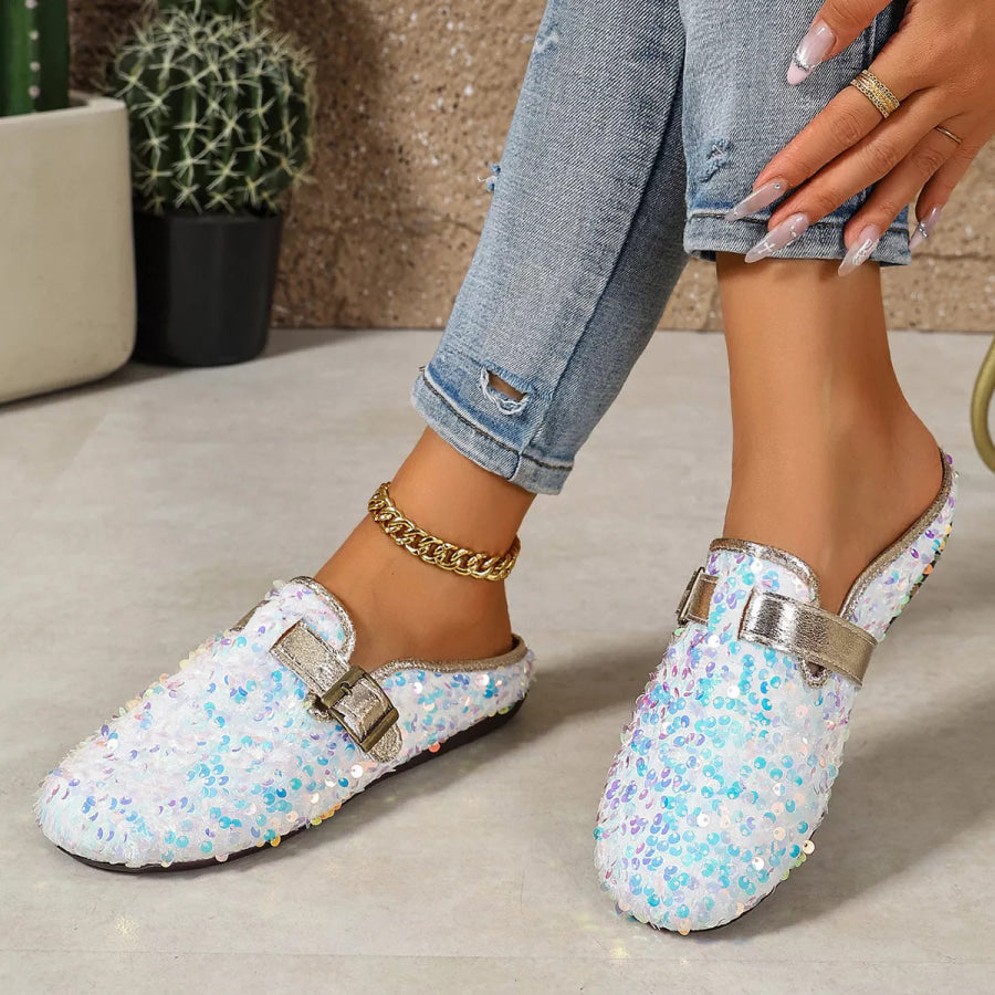 Sparkling Sequin Buckle Slip-On Loafers Sky Blue / 35 Apparel and Accessories
