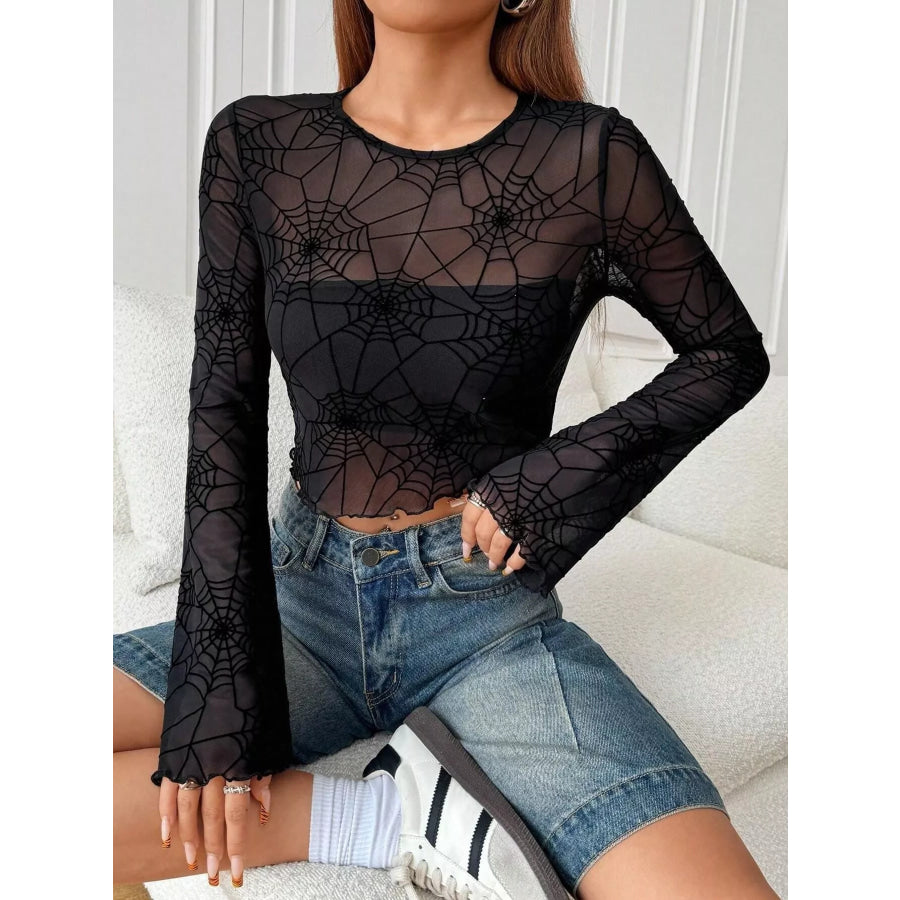 Spiderweb Print Sheer Mesh Long Sleeve Top Apparel and Accessories