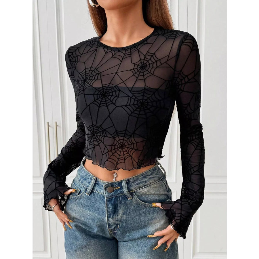 Spiderweb Print Sheer Mesh Long Sleeve Top Apparel and Accessories