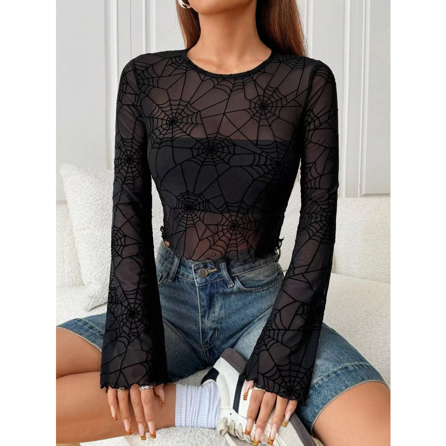 Spiderweb Print Sheer Mesh Long Sleeve Top Black / S Apparel and Accessories