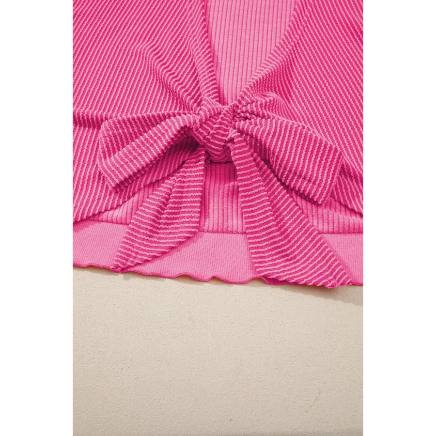 Spiral Ribbed Cutout Bow Knot Back Oversize Top Apparel and Accessories