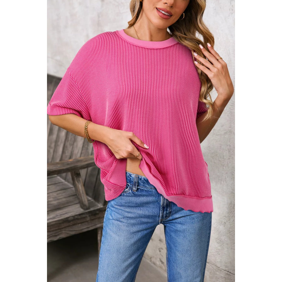 Spiral Ribbed Cutout Bow Knot Back Oversize Top Apparel and Accessories