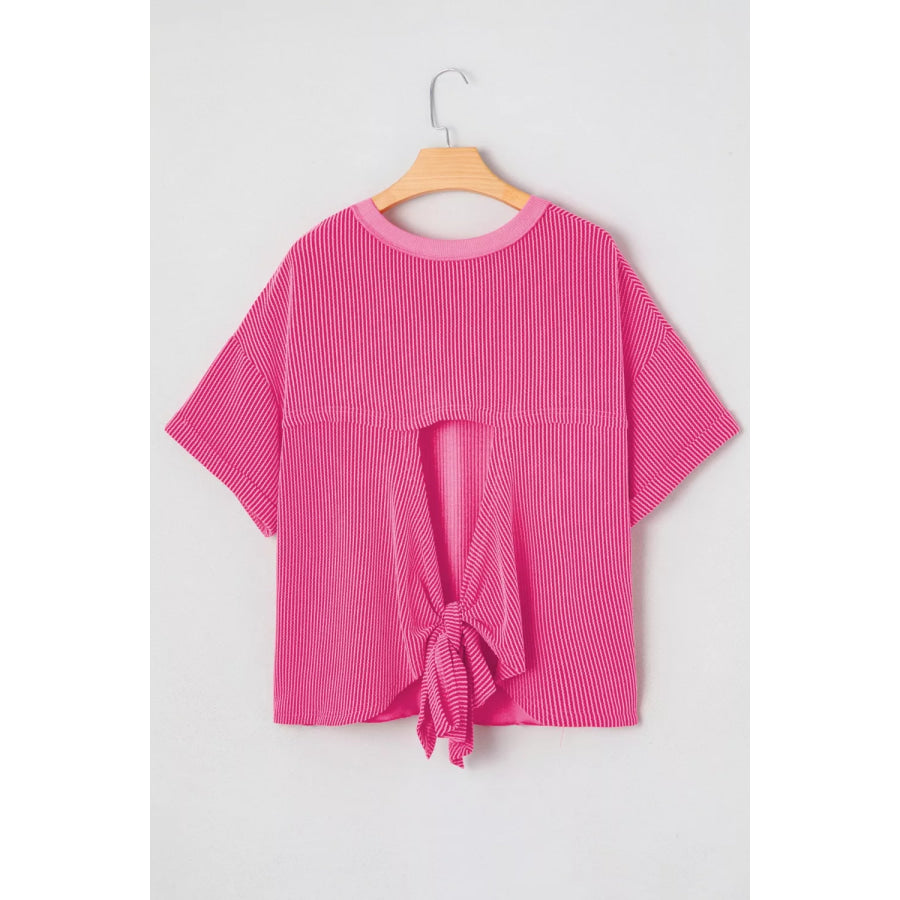 Spiral Ribbed Cutout Bow Knot Back Oversize Top Apparel and Accessories