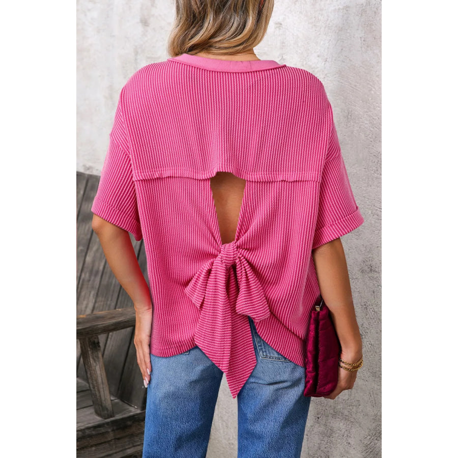 Spiral Ribbed Cutout Bow Knot Back Oversize Top Deep Rose / S Apparel and Accessories