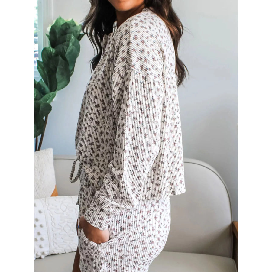 Spiral Ribbed Floral Print Long Sleeve Henley Top Drawstring Short Set Apparel and Accessories