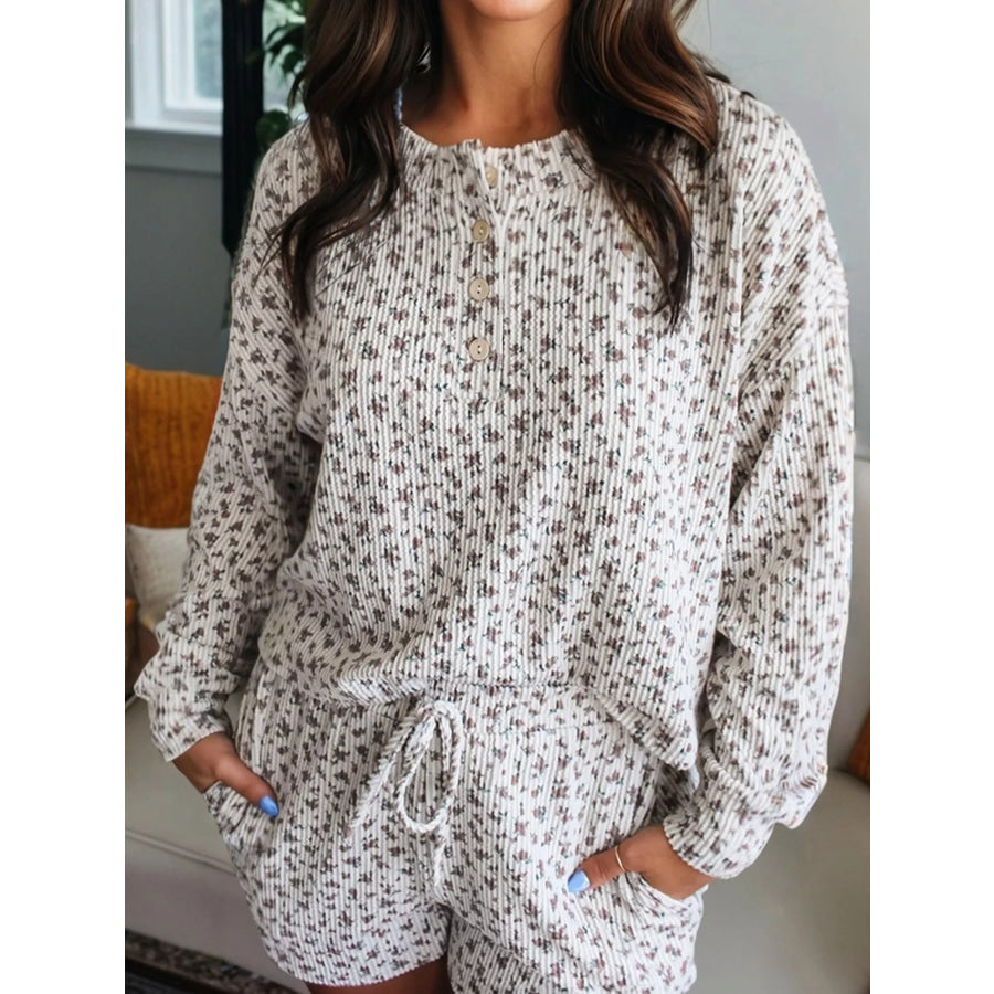Spiral Ribbed Floral Print Long Sleeve Henley Top Drawstring Short Set Apparel and Accessories