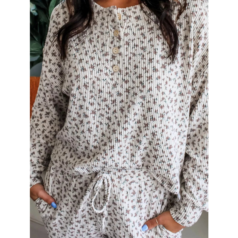 Spiral Ribbed Floral Print Long Sleeve Henley Top Drawstring Short Set White / S Apparel and Accessories