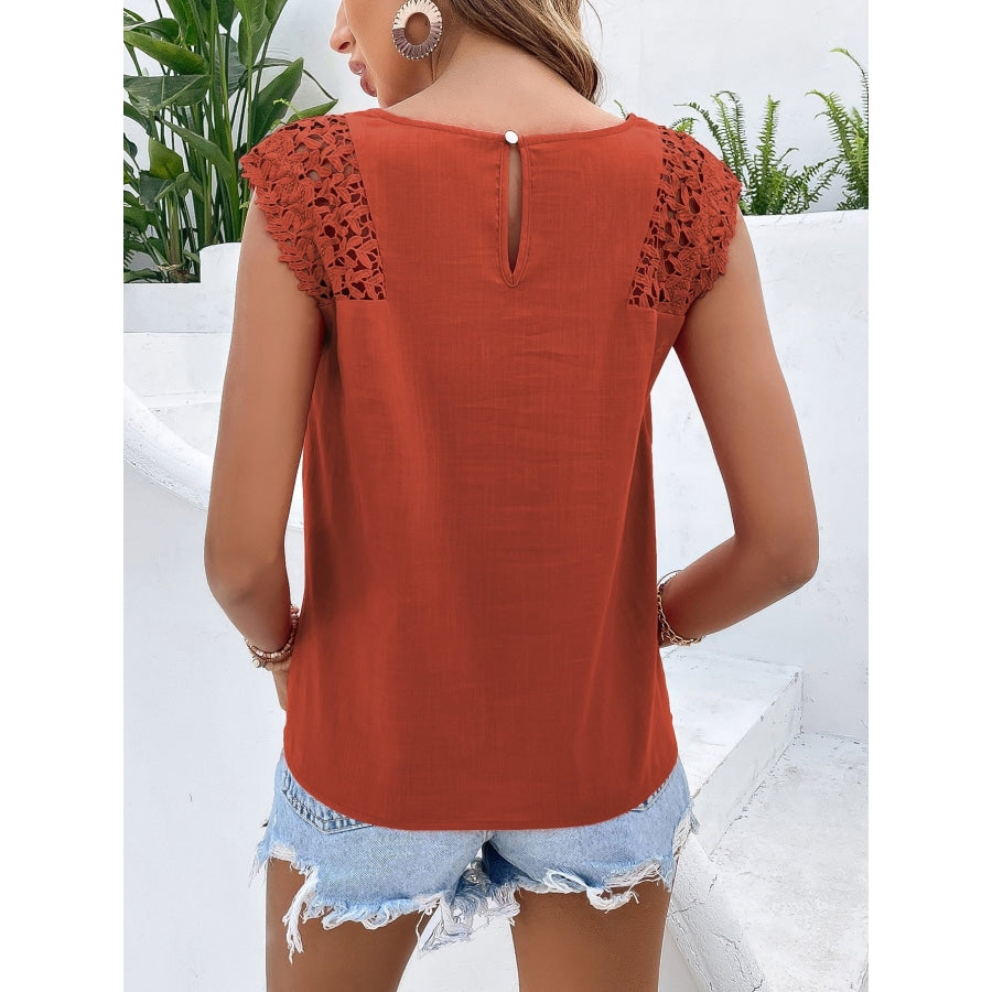 Spliced Lace Cap Sleeve Top Brick Red / S