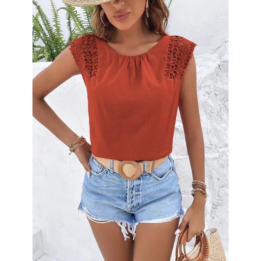 Spliced Lace Cap Sleeve Top