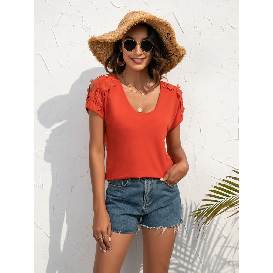 Spliced Lace Cold-Shoulder Blouse Red Orange / S