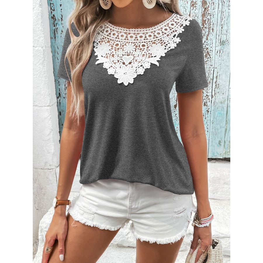 Spliced Lace Contrast Short Sleeve Top Dark Gray / S