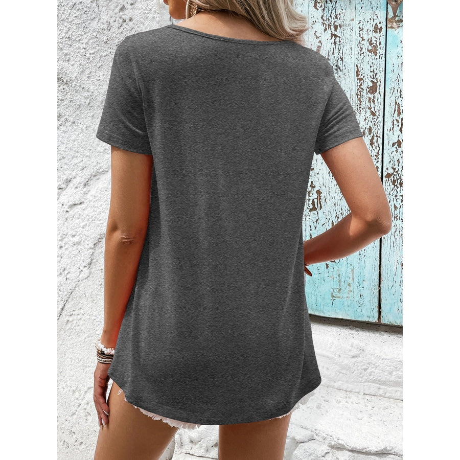 Spliced Lace Contrast Short Sleeve Top Dark Gray / S