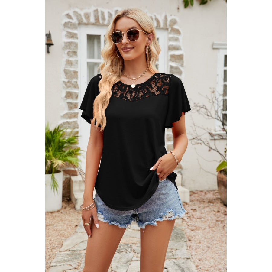 Spliced Lace Flutter Sleeve Top Black / S