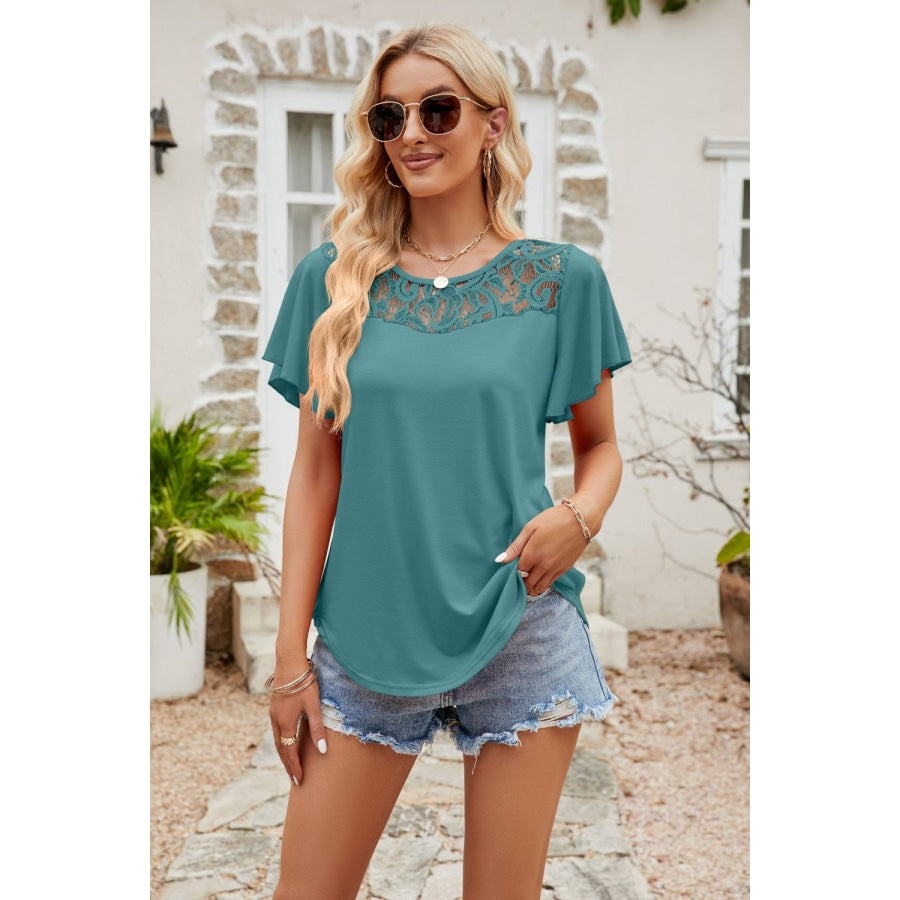 Spliced Lace Flutter Sleeve Top Turquoise / S