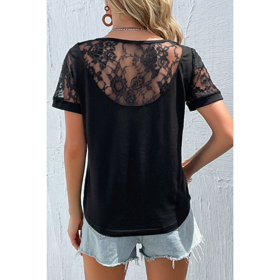 Spliced Lace Round Neck Short Sleeve Top Black / S