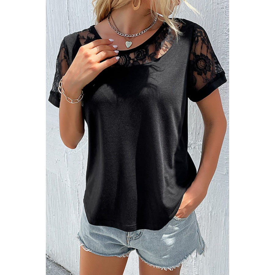 Spliced Lace Round Neck Short Sleeve Top