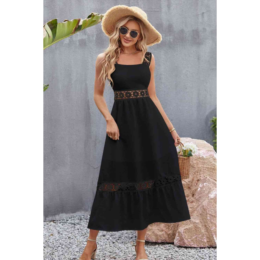 Spliced Lace Square Neck Sleeveless Midi Dress Black / S Apparel and Accessories