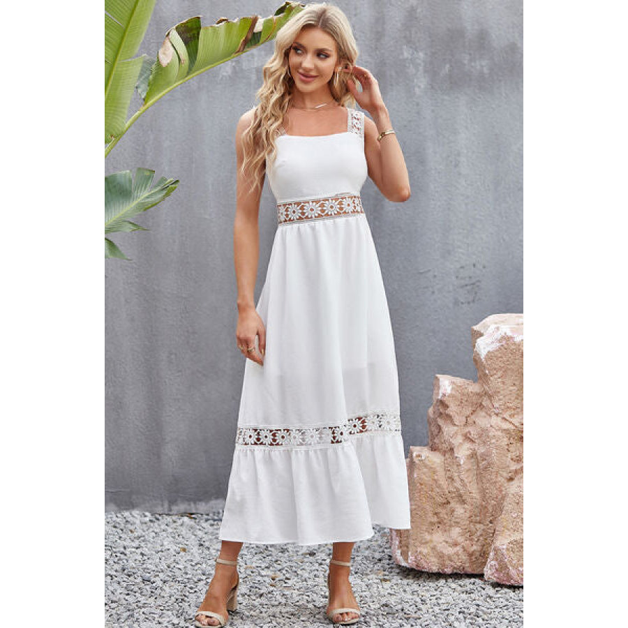 Spliced Lace Square Neck Sleeveless Midi Dress White / S Apparel and Accessories