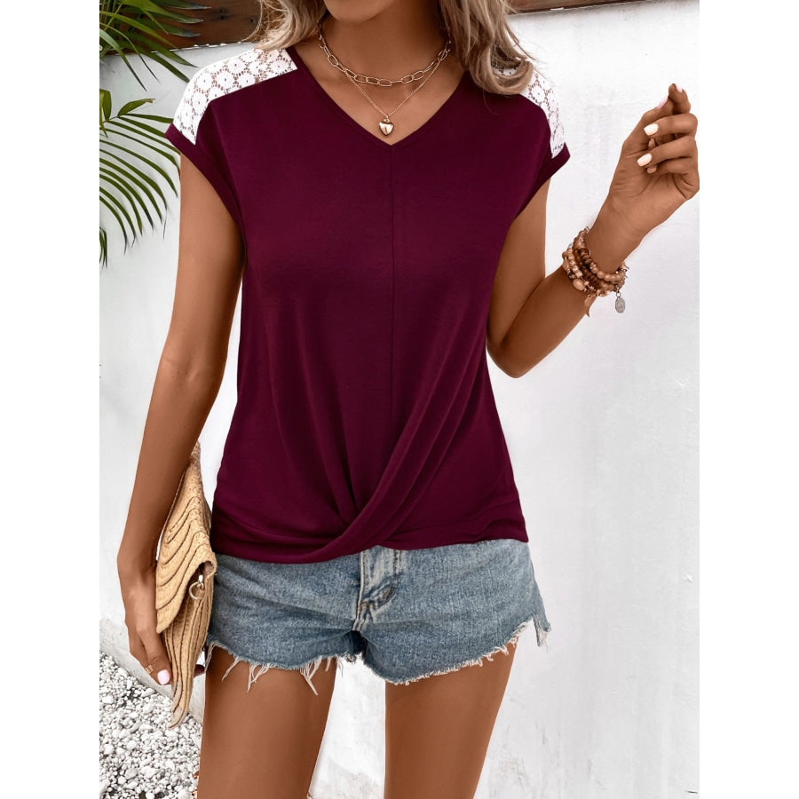 Spliced Lace V-Neck Twisted Hem Tee