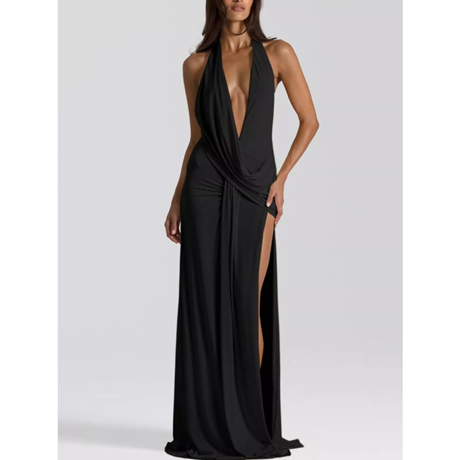 Split Backless Halter Neck Maxi Dress Black / S Apparel and Accessories