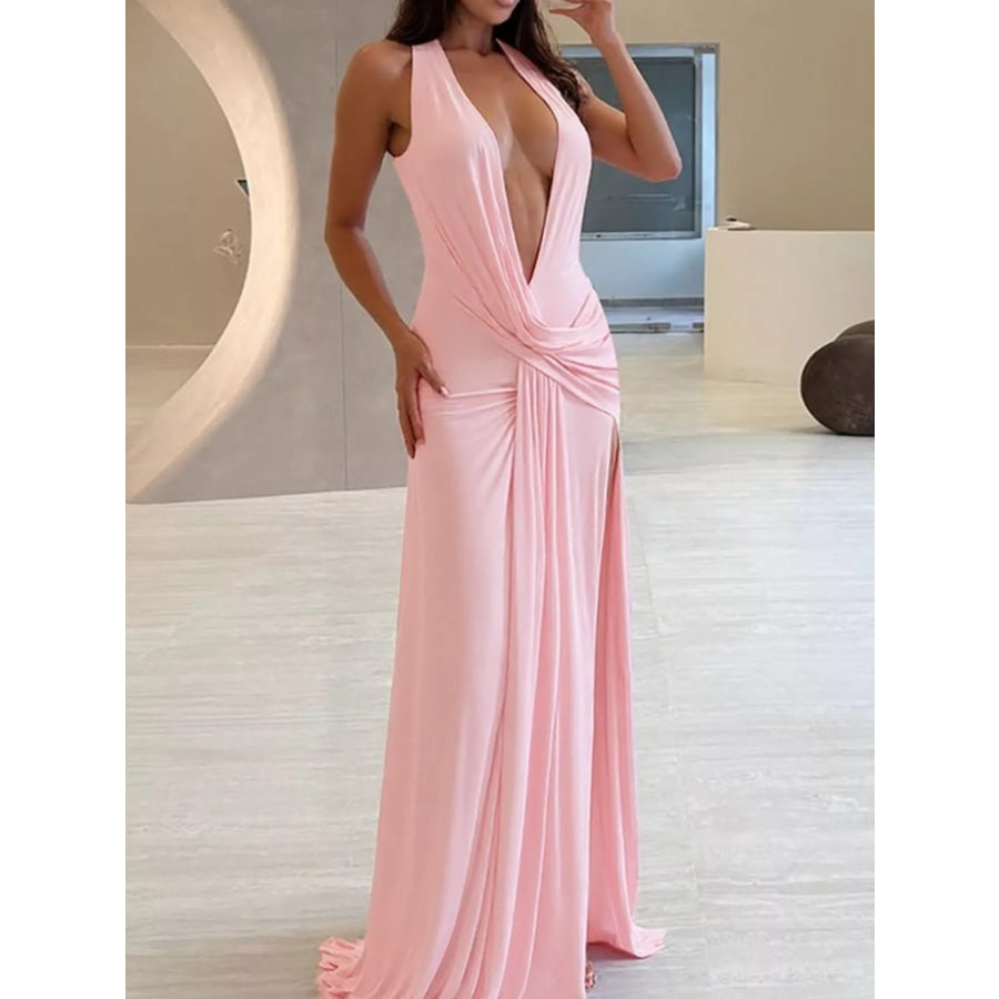 Split Backless Halter Neck Maxi Dress Pink / S Apparel and Accessories
