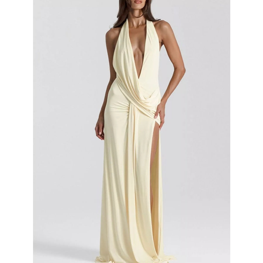 Split Backless Halter Neck Maxi Dress Yellow / S Apparel and Accessories