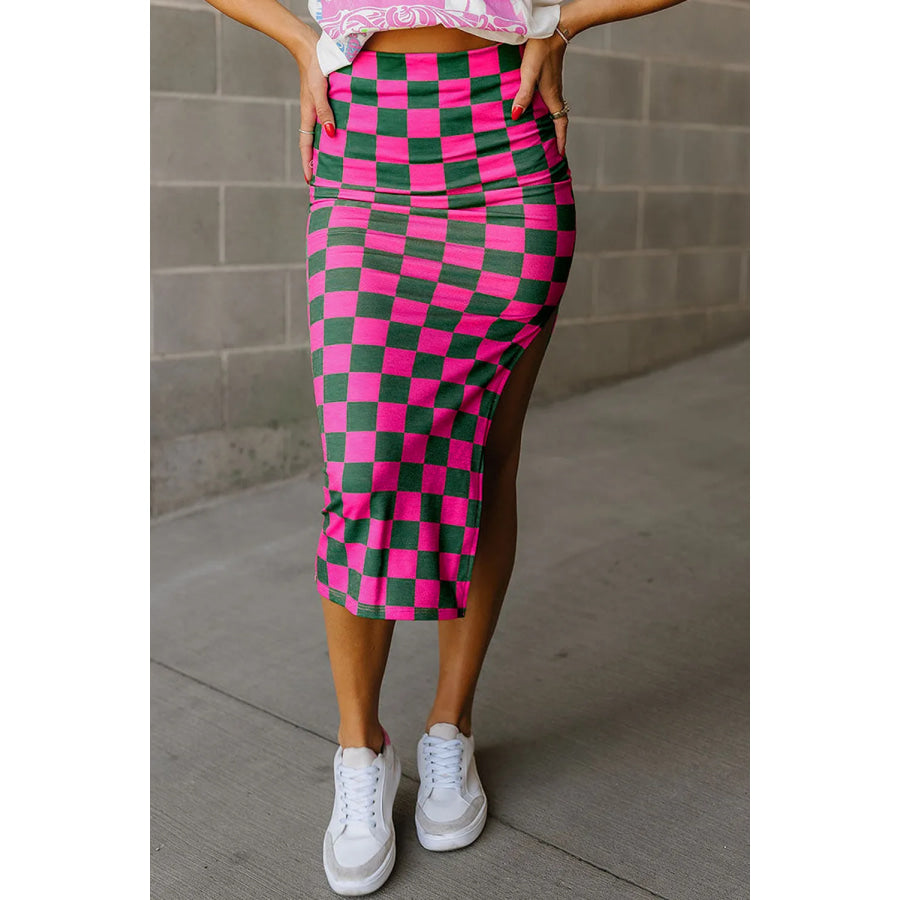 Split Checkered Midi Skirt Hot Pink / L Apparel and Accessories