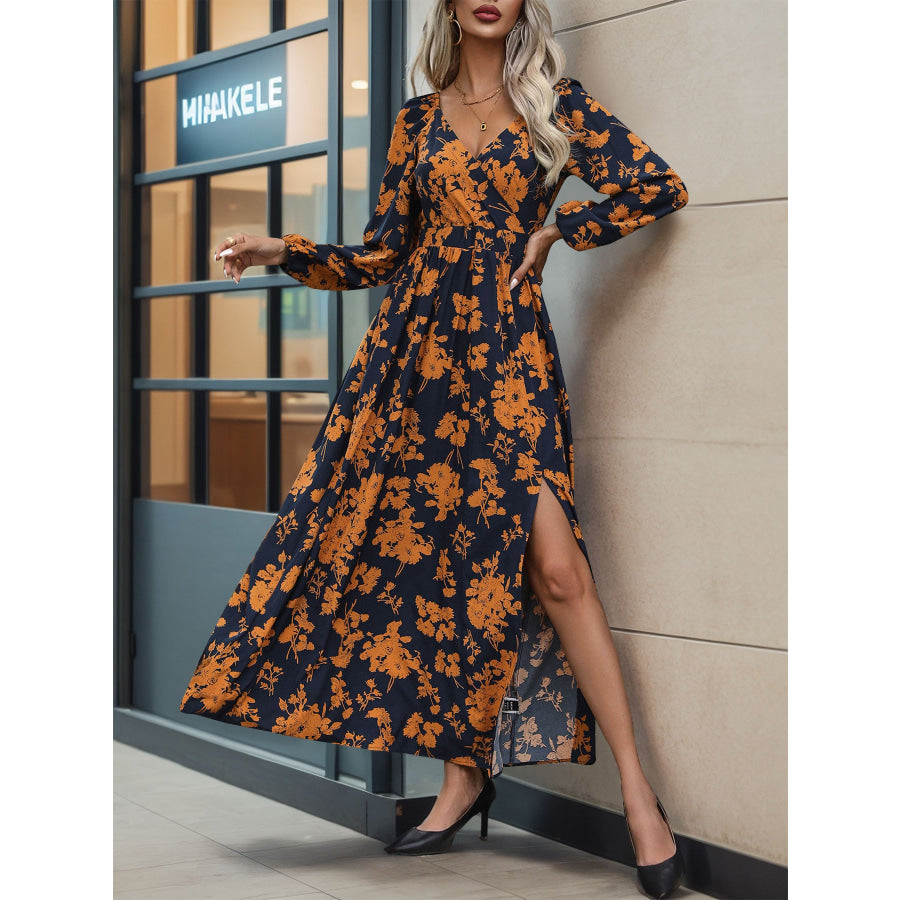 Split Printed Surplice Long Sleeve Midi Dress Apparel and Accessories