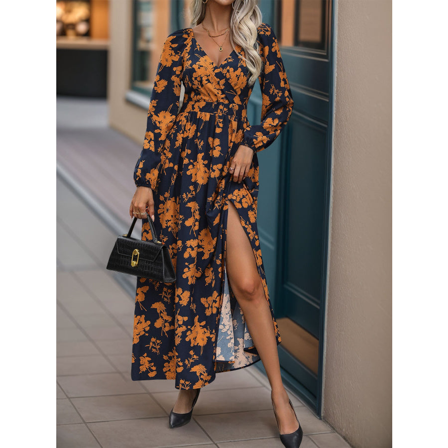 Split Printed Surplice Long Sleeve Midi Dress Apparel and Accessories