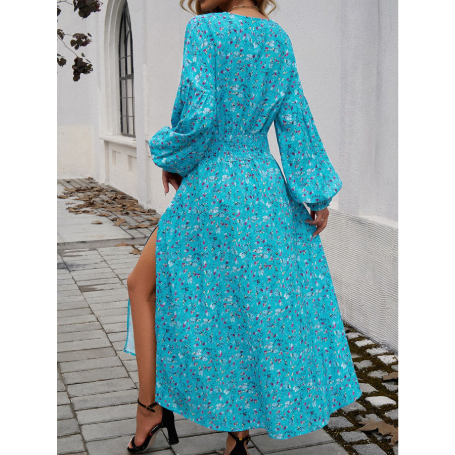 Split Printed Surplice Long Sleeve Midi Dress Pastel Blue / S Apparel and Accessories