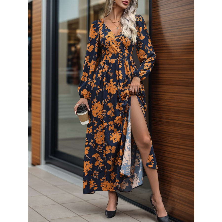 Split Printed Surplice Long Sleeve Midi Dress Apparel and Accessories