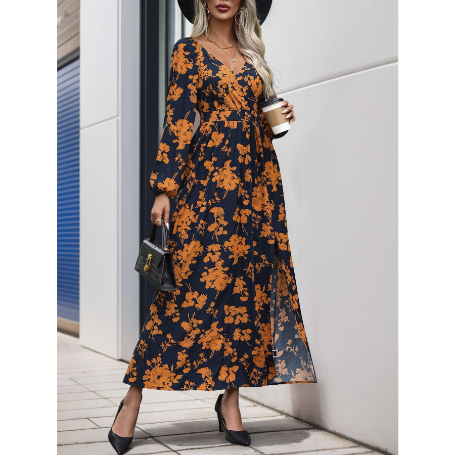 Split Printed Surplice Long Sleeve Midi Dress Black / S Apparel and Accessories