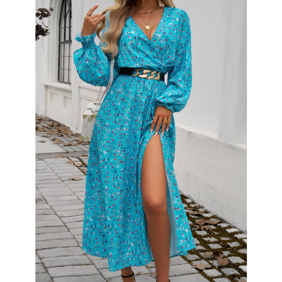 Split Printed Surplice Long Sleeve Midi Dress Pastel Blue / S Apparel and Accessories