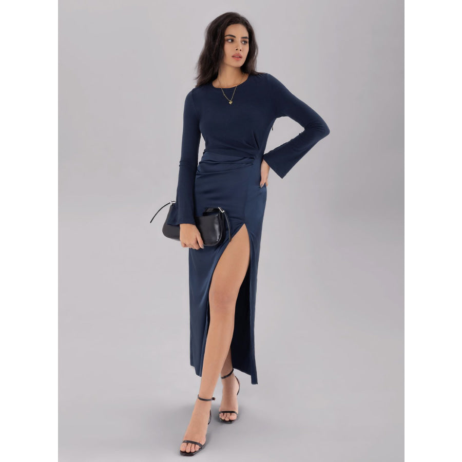 Split Round Neck Long Sleeve Midi Dress Apparel and Accessories