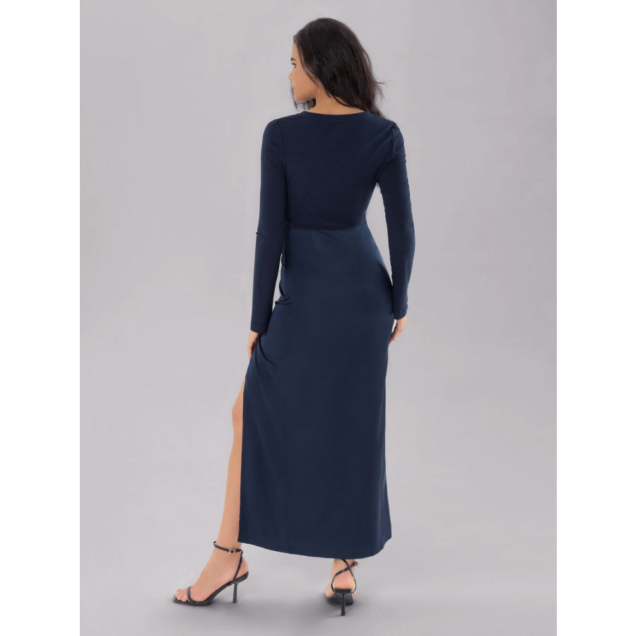 Split Round Neck Long Sleeve Midi Dress Apparel and Accessories